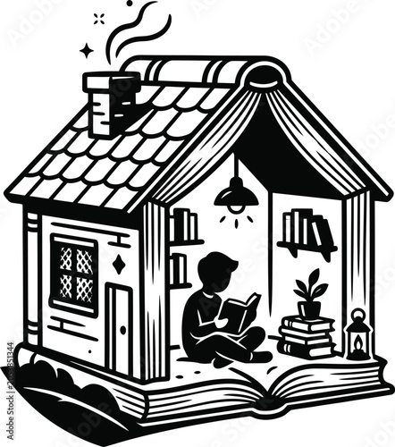 Cozy house shaped like an open book with person reading inside, illustration