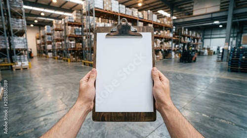 POV of person holding clipboard in warehouse