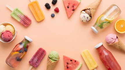 Assorted summer treats including ice cream cones, colorful popsicles, watermelon, and fresh fruit drinks arranged on a pink background
