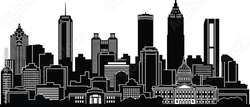 City skyline silhouette, Atlanta landmark vector, skyscraper capitol building design elements, urban architecture illustration collection, decorative black and white graphics