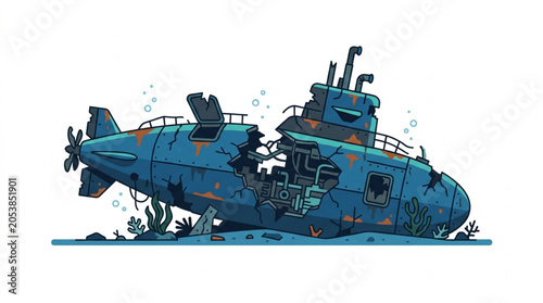Canvastavla Damaged blue submarine wreck on the seabed illustration.