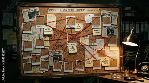 Detective evidence cork board with pins and red string