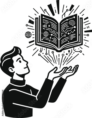 Man interacting with a floating digital holographic open book, technology
