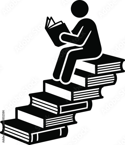 Person sitting on stack of books reading icon with learning education progress