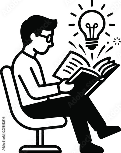 Student reading book with lightbulb inspiration icon lightbulb knowledge