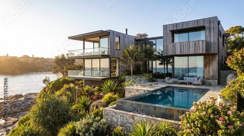 Modern luxury house with swimming pool overlooking the ocean at sunset