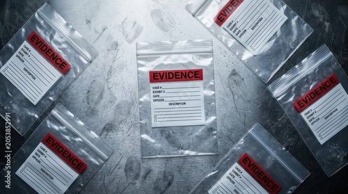 Police evidence bags on a textured metal surface