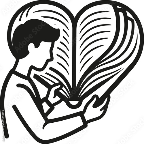 Person reading book shaped like a heart icon with literature learning literacy