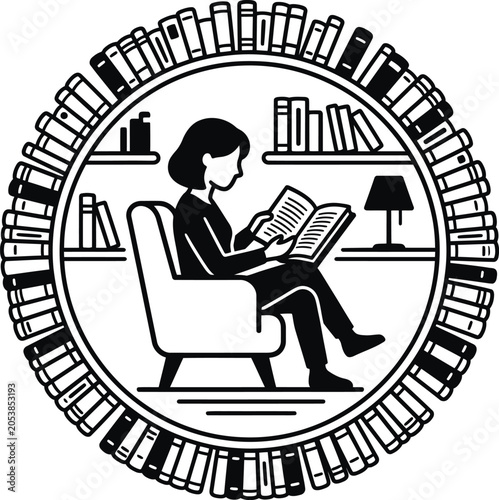 Person reading in library surrounded by bookshelf frame with bookshelf, learning