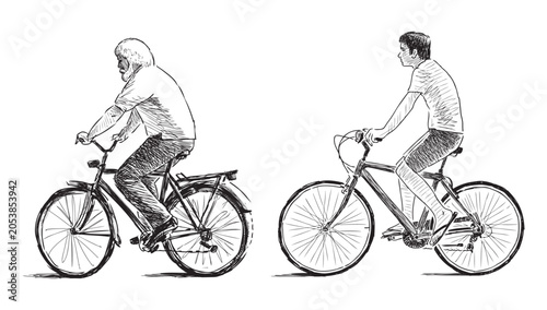 Quadro su tela Two cyclists, young guy and old man riding bicycles on summer day, profile view,