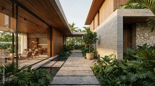 Modern luxury villa exterior with tropical garden and water features