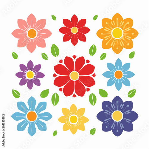Colorful Flat Flowers and Leaves Illustration