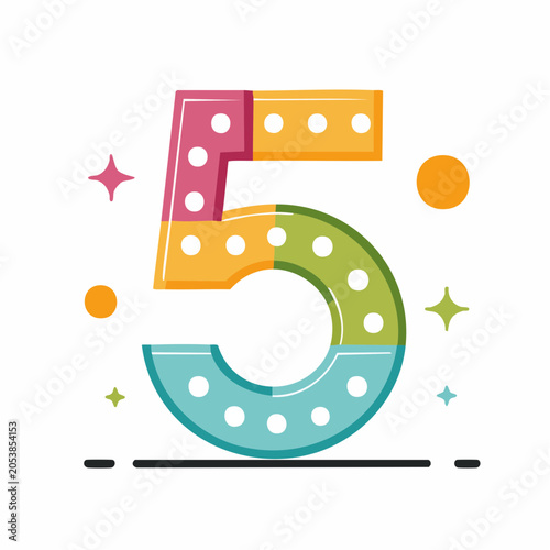 Colorful Number 5 with Dots and Stars