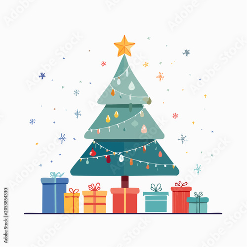 Festive Christmas Tree with Gifts and Snowflakes