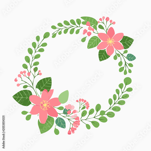 Floral Wreath with Pink Flowers and Green Leaves