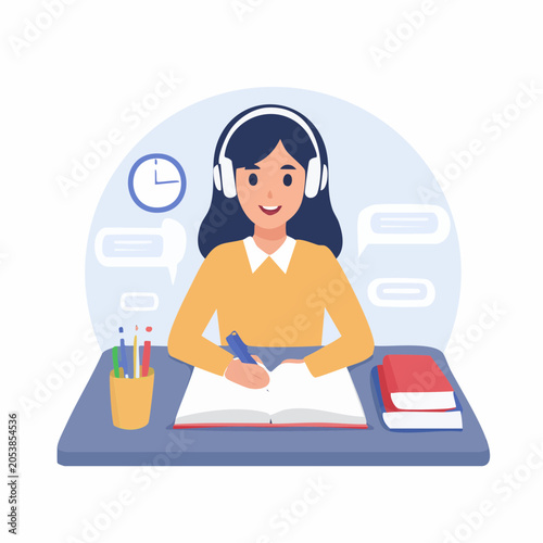 Student wearing headphones studying at desk with books and clock