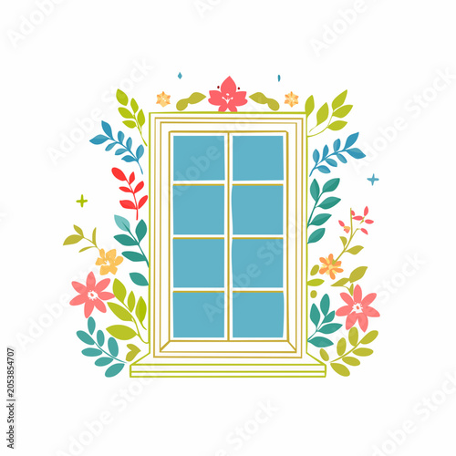 Window decorated with colorful flowers and leaves