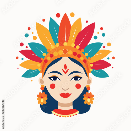 Woman with Colorful Feather Headdress and Earrings