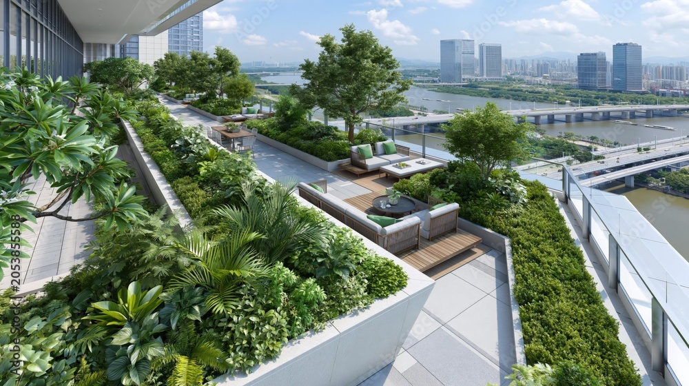 Fototapeta premium Luxury rooftop garden oasis with lush greenery and panoramic city skyline views