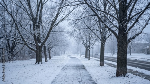 Snowy tree lined road on a foggy winter day