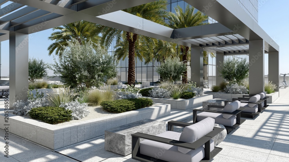 Obraz premium Modern Rooftop Terrace with Lush Greenery, Seating, and City Views