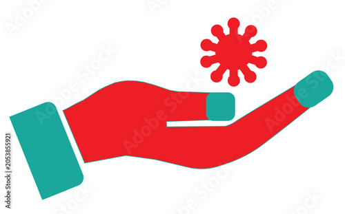 Hand holding a red virus particle illustration on white background.