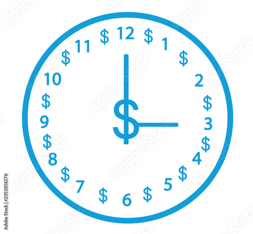 Clock face with dollar signs replacing numbers and a dollar sign as the hour hand.