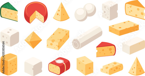 Quadro su tela Various cheese types vector illustration set with cheddar gouda parmesan and moz