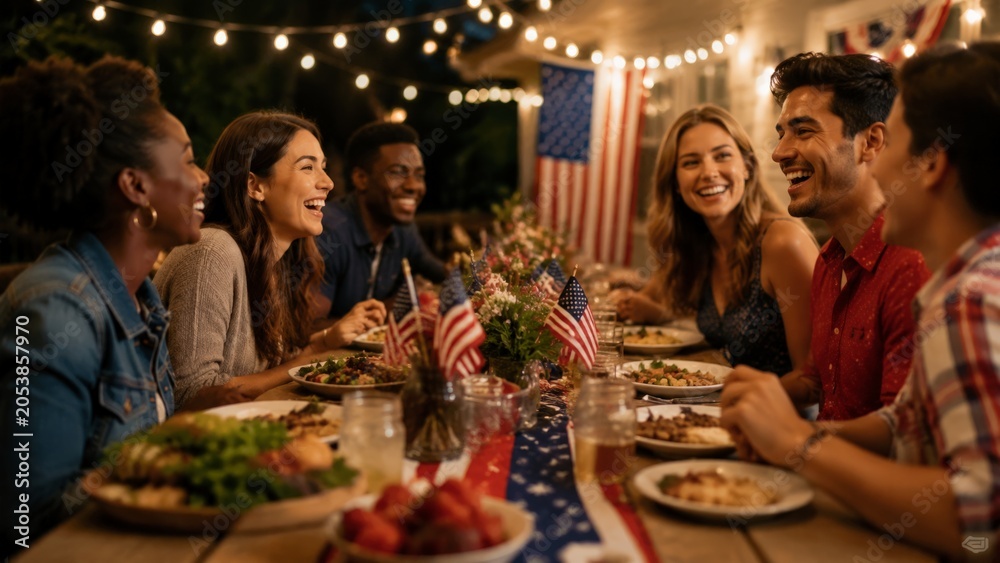 Fototapeta premium A diverse group of men and women share a meal and laughter at a long outdoor table decorated with American flags and string lights for a festive Independence Day celebration