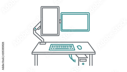 Customizable dual monitor workstation vector icon with editable stroke, featuring a modern multi-screen office setup illustration for professional business and financial software interface.