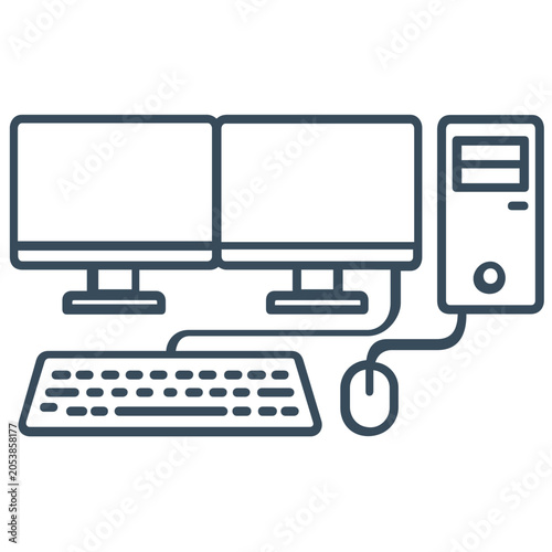 Minimalist dual monitor workstation line icon illustration for modern office setup, dual screen computer setup vector icon for business productivity and multitasking workspace concept.