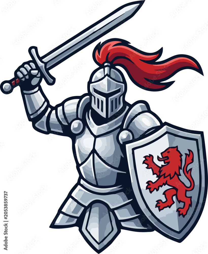 Obraz premium Medieval Armored Knight Holding Sword and Heraldic Shield Cartoon Vector