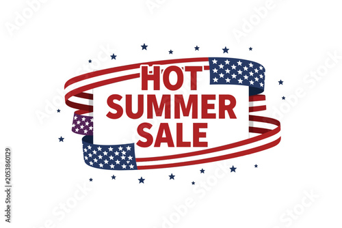 Hot summer sale banner with american flag ribbon and stars isolated on white background
