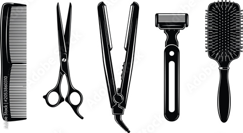 Fotografía Collection of hair styling and grooming tools including comb, scissors, straight