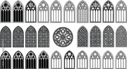 Foto Collection of Gothic window tracery icons including pointed arches, rose window,
