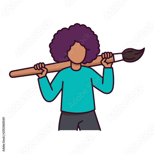 Giant paint brush carried by a female painter avatar bold line art icon for drawing apps