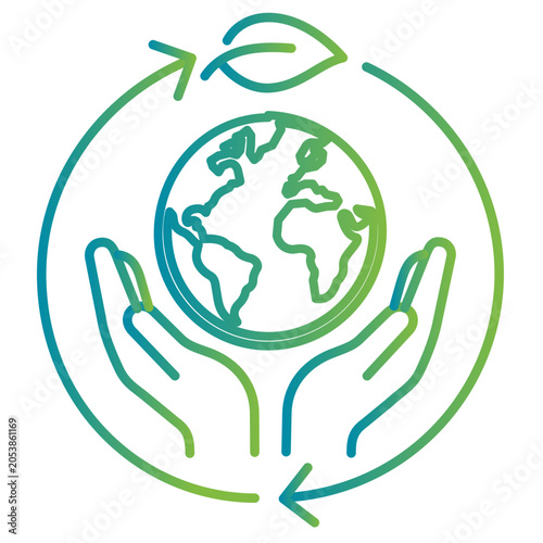 Sustainable world hands holding globe vector icon illustration with editable stroke for environmental protection, global ecology and nature conservation concepts in a clean thin line style.
