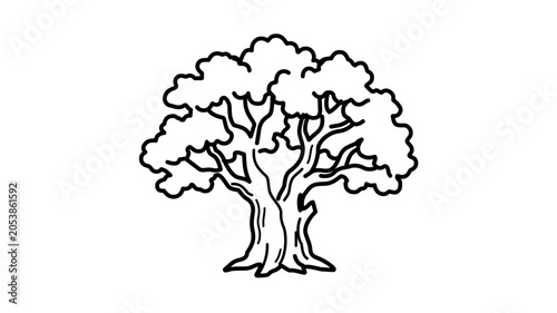 Minimalist oak tree silhouette line icon featuring an editable stroke. Deciduous forest plant vector illustration for nature and environment projects. Adjustable stroke weight thin line design.