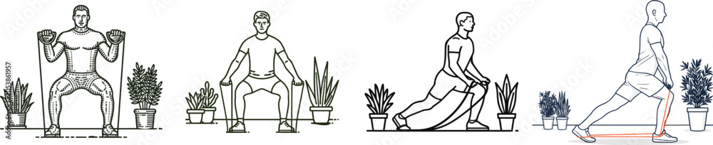 Fototapeta premium A muscular individual is engaged in a functional training exercise using resistance bands in a home gym setting adorned with potted plants, all set against a pristine white background