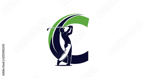 Golfer Swinging Club Silhouette Against Abstract Green and Blue 