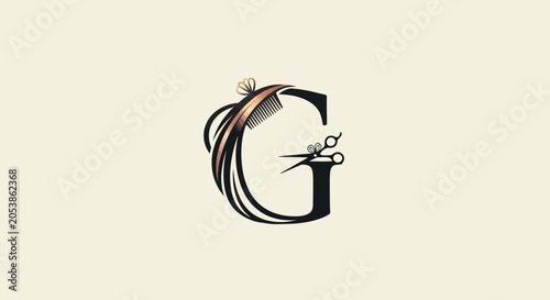 Elegant Letter G Logo with Hairdressing Tools, Comb, Scissors, and Hair Strands