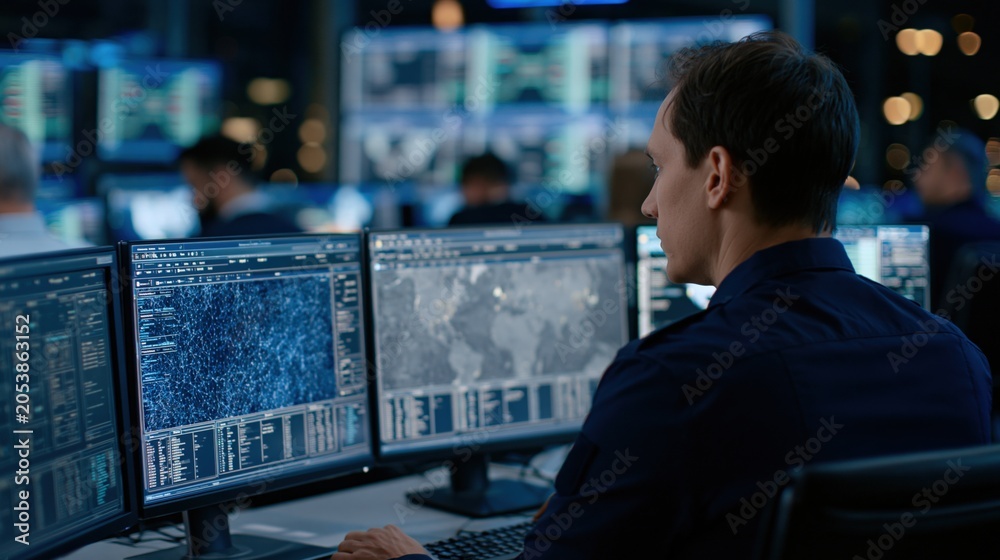 Fototapeta premium Man in modern control room monitors complex data streams on multiple screens, highlighting technology and surveillance