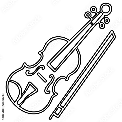 Professional vector icon illustration of a classic violin and its bow, representing classical music performance and orchestral elegance through a refined and clean minimalist line art design.