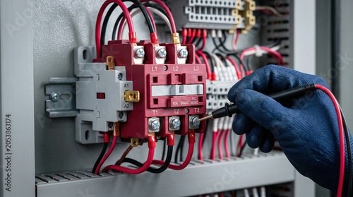Technician testing electrical contactor relay in control panel. Close up of industrial power distribution wiring. Electrical maintenance and diagnostic service