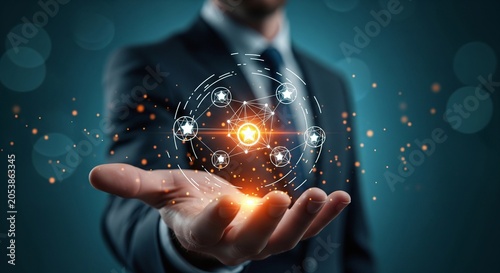Businessman holding a glowing network of stars and connections in his palm