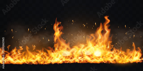 Bild auf Leinwand Burning fire line with vibrant orange flames, smoke, and flying sparks on a tran