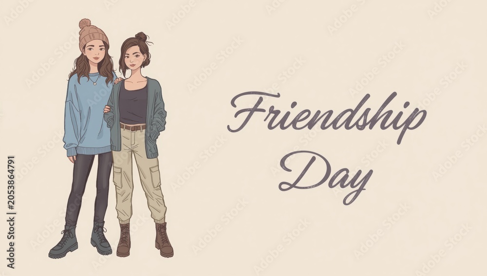 Fototapeta premium Two young female friends standing together with stylish winter clothes for a happy friendship day celebration design