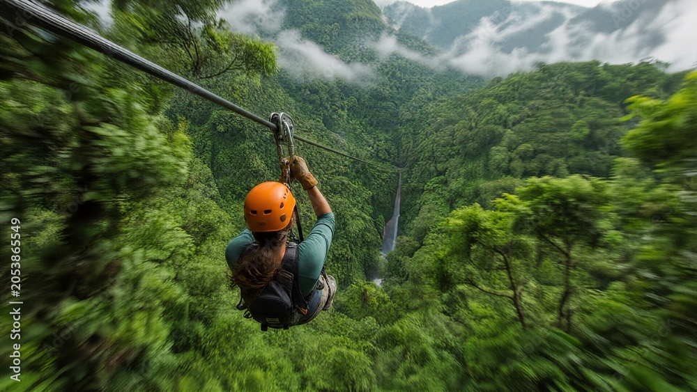 Fototapeta premium adventurer. Person ziplining through a dense rainforest canopy, view from behind. travel magazines, destination branding, designed for outdoor magazines and nature guides.