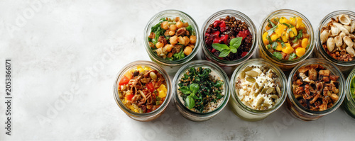 Healthy meal prep glass jar plant based salad grain bowl chickpea lentil quinoa fresh vegetable overhead healthy meal prep glass jar plant based salad grain bowl chickpea lentil quinoa fresh