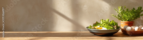 Healthy food fresh salad egg breakfast wooden table natural light minimalist kitchen rustic background organic ingredient peaceful morning cozy home Healthy food scene with fresh salad and egg